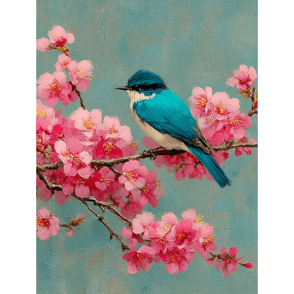 Blue Bird on Pink Blossom Tree Canvas Print, Serene Spring Nature Scene, Home Wall Decor