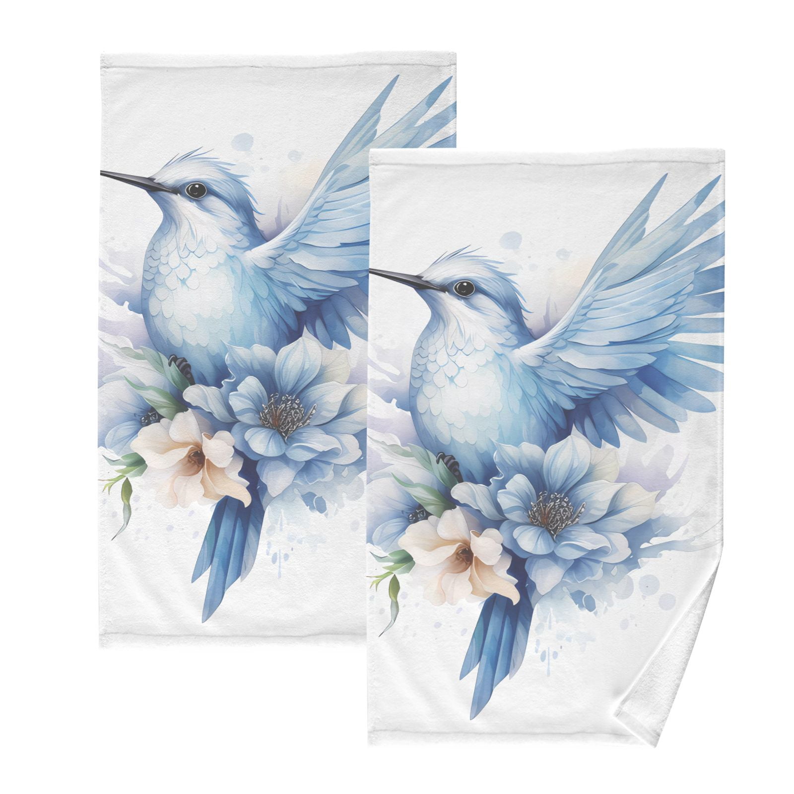 Blue Bird with Flowers Hand Towel Bath Towels Face Towels Cotton Absorbent for Home Hotel Spa Swimming Yoga Sports Decorative Towel Set of 2