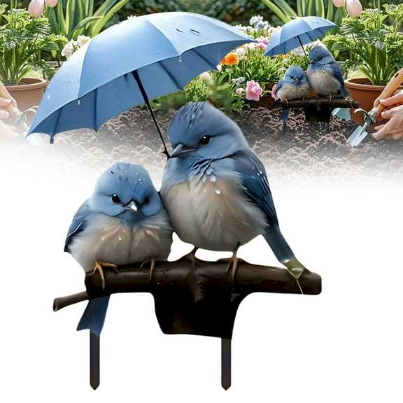 Blue Bird with Umbrella Acrylic Garden Stake, 2D Flat Lawn Decor, Easy Installation, 9.4x11.8 Inches