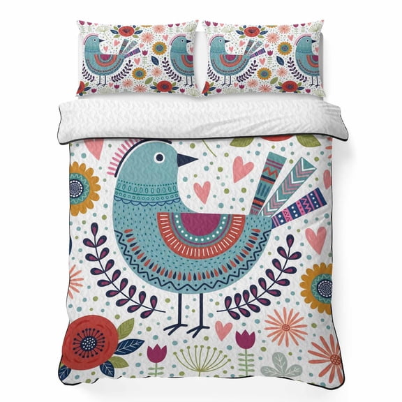 Blue Birds 3 Piece Quilt Bedding Set with 2 Pillow Shams, Nordic Style Folk Art Red Daisy Flower Leaf Starburst Lightweight Bedspread Coverlet, Soft Breathable All Season Quilt, 96 x 106 Inch