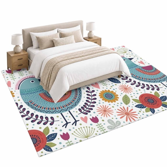 Blue Birds Area Rug 5'x8', Nordic Style Folk Art Red Daisy Flower Leaf ...