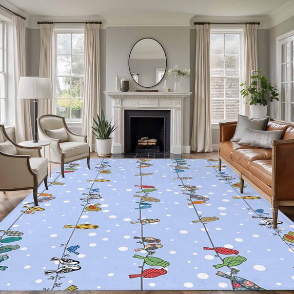 Blue Birds Area Rugs 5'x8', Washable Small Throw Rugs for Classroom Bedroom, Funny Cute Snowflake Wire Sparrow Indoor Outdoor Rug Non-Slip Low Pile Carpet Runner Reversible Floor Mats