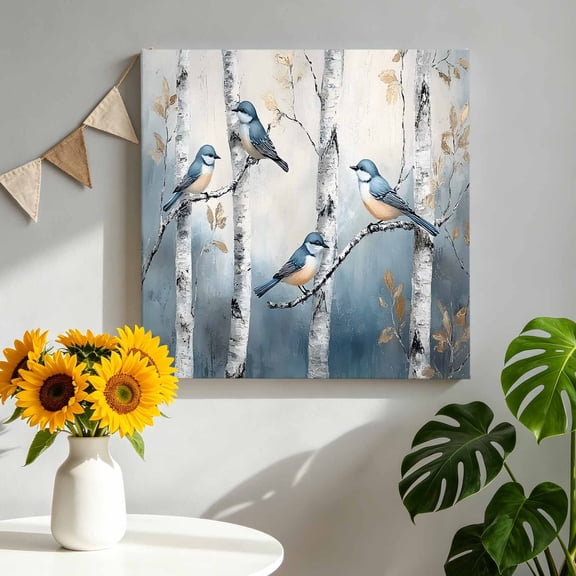 Blue Birds Canvas Wall Art, Birch Tree Pictures Wall Decor Wooden Framed Artwork Art Prints for Living Room Hallway Bedroom Office 8"x8"