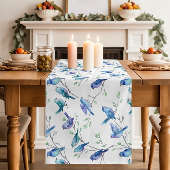 Blue Birds Dining Table Runner, Leaves Branches Botanical Farmhouse Washable Table Runners Kitchen Coffee Table Center Decor for Home Party Holiday Wedding 13 x 48 Inches