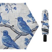 Blue Birds Floral Porcelain All Weather Umbrella Triple Folding Parasol 6 Ribs UV Protection Portable