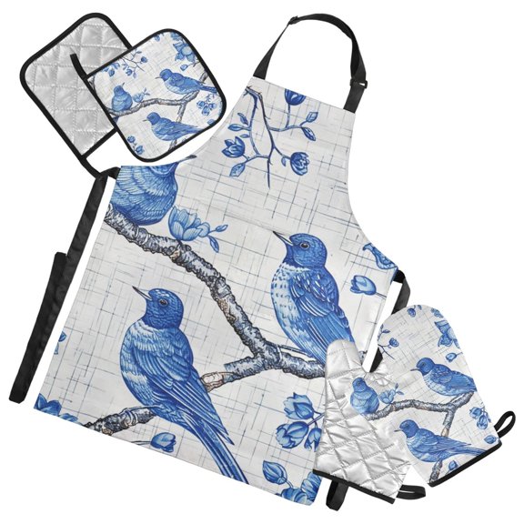 Blue Birds Floral Porcelain Apron Set with Oven Mitts Pot Holders Set of 5 Kitchen Stuff Accessories