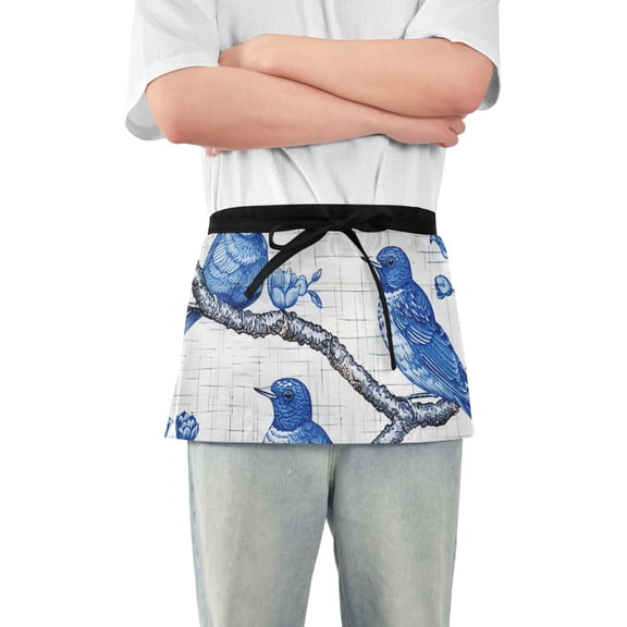 Blue Birds Floral Porcelain Short Server Apron with 3 Pockets for Unisex Chef Gardening