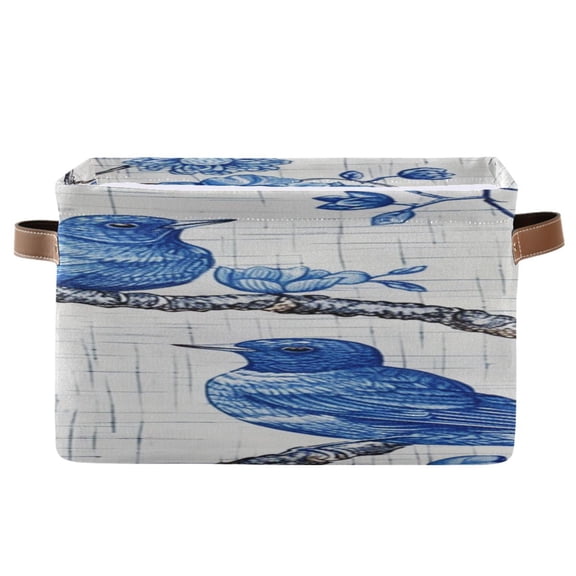 Blue Birds Floral Porcelain Square Storage Bins with Handles Collapsible Containing Box 1 Pack