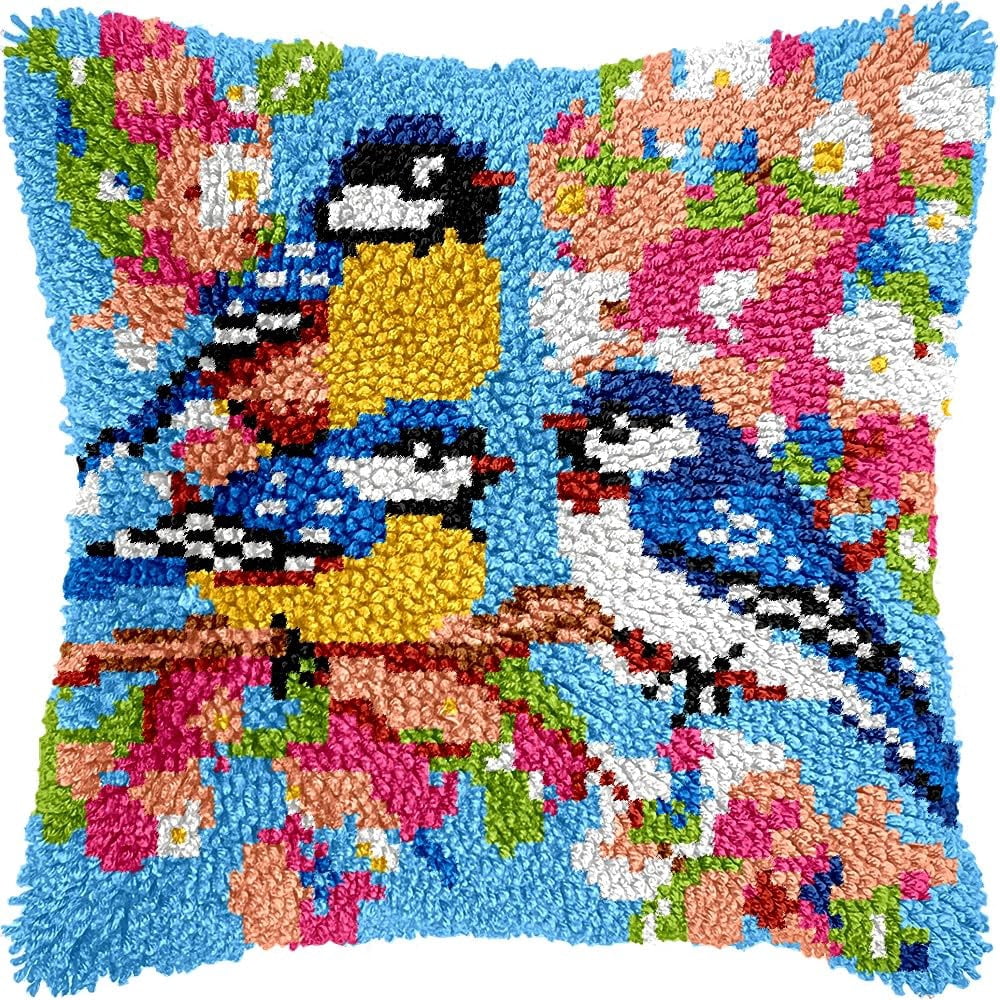 Blue Birds & Flowers Latch Hook Kits Pillow kits Cushion Throw Pillow Embroidery Craft Kits DIY Kits of DIY Hooking Pillowcase Cover Supplier with Color Printed Canvas 43x43cm (93)