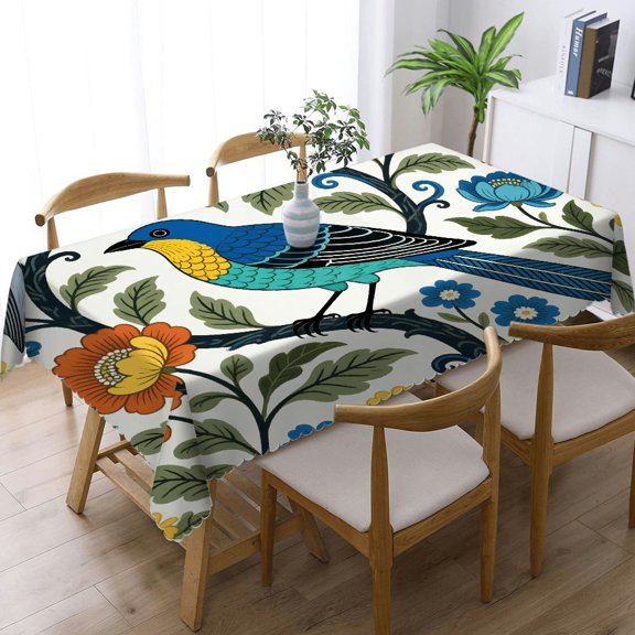 Blue Birds Flowers Tablecloths for dining table, Festive Table Setting - Polyester Tablecloths Rectangular Tablecloth, Cafe, dinner, brunch, buffet, picnic