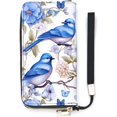 Blue Birds Flowers Wristlet Wallet Leather Long Card Holder Purse Slim