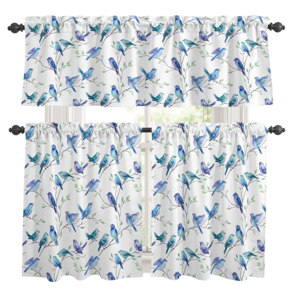 Blue Birds Kitchen Curtains Set for Windows, Leaves Branches Botanical Farmhouse Curtains Valance and Tier 3 Piece Set Small Drapes 24 Inch Length for Kitchen Bedroom Decor