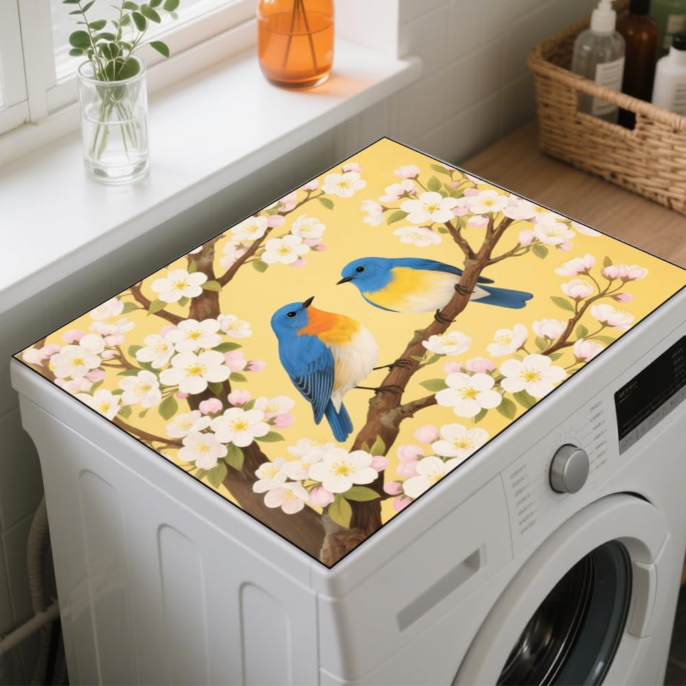 Blue Birds Laundry Room Washer Dryer Dust Cover Mat 23.6x19.6inch Flowers Branches Washing Machine Top Protector Pad Retro Non Slip