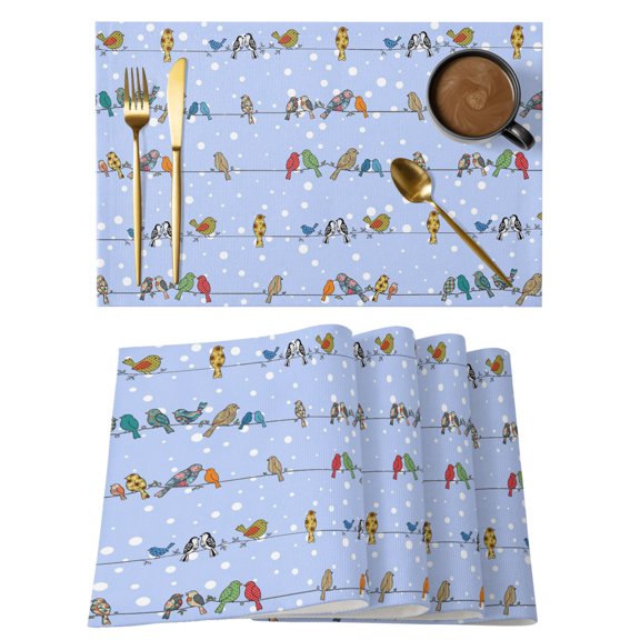 Blue Birds Placemats Set of 4 Funny Cute Snowflake Wire Sparrow Place Mats Indoor Wipeable Table Mats Washable Cloth Dining Table Placemats for Kitchen Holiday Party Home Decor 13x19 Inch