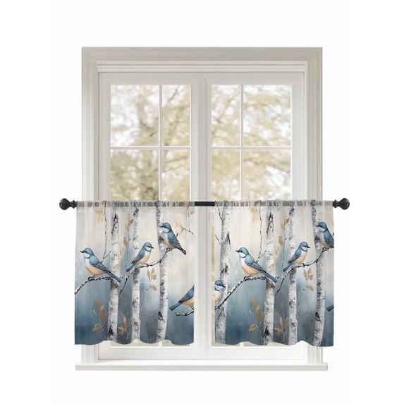 Blue Birds Sheer Curtains 2 Panels Set Birch Tree Spring Animal Lihgt Filtering Rod Pocket Voile Drape, Semi Sheer Window Curtains for Bedroom Living Room, 52"x45"
