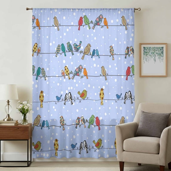 Blue Birds Sheer Curtains 45 Inches Long, Funny Cute Snowflake Wire Sparrow Light Filering Curtains, Breathable Simi Curtain Privacy Drapes for Kitchen Bathroom Lightweight Small Window Treatment