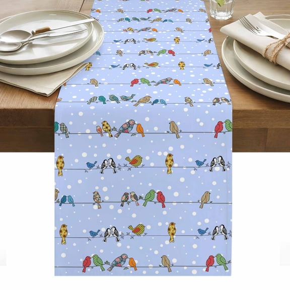 Blue Birds Table Runner Funny Cute Snowflake Wire Sparrow Tablerunners 13 x 36 Inch, Table Decorations Tabletop Scarf for Summer Gathering Holiday Farmhouse Kitchen Dining Decor