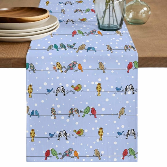 Blue Birds Table Runner, Funny Cute Snowflake Wire Sparrow Washable Cotton Linen Table Runners 36 Inches Long, Dresser Scarf Runner for Nightstand/End Tables/Round Tables 13''x36''