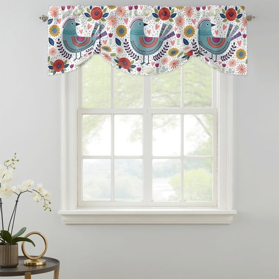 Blue Birds Tie Up Valances Curtain, Nordic Style Folk Art Red Daisy ...