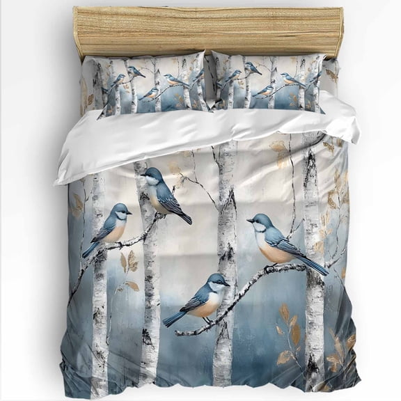Blue Birds Twin Size Comforter Set, Birch Tree Spring Animal Soft Bedding for All Seasons, 4 Pcs Bed Set with 1 Comforter (68"x86") ,1Sheet(66"x116"), 2 Pillowcases (19"x29")