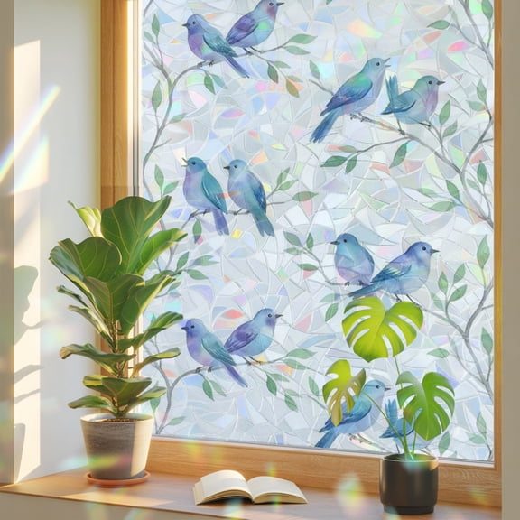 Blue Birds Window Privacy Film, Leaves Branches Farmhouse Botanical Stained Glass Rainbow Film Decorative Window Clings, Static Cling Sun Blocking Stickers 17.7" x 39.3"