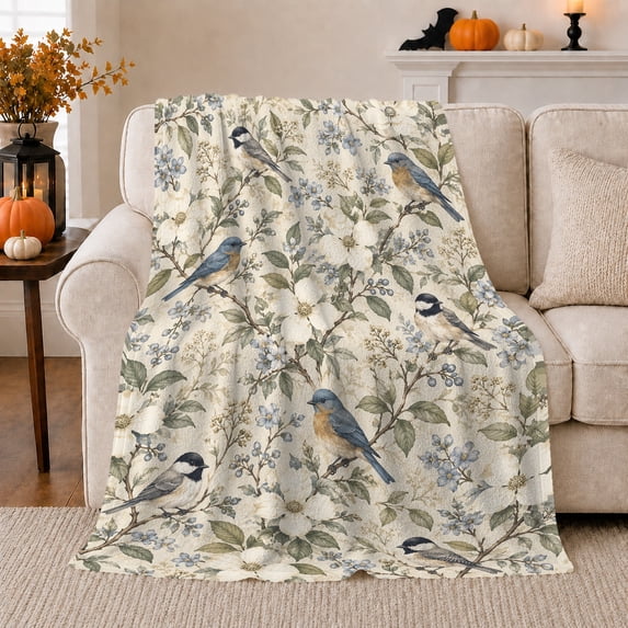 Blue Birds among Cream Blossoms, Peaceful Botanical Style for Bird Lovers, Vintage Branch Garden and Mother's Day Gift, Cozy Flannel Blanket for Sunroom and Guest Room, Home Decor