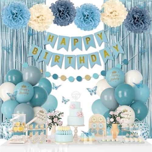 Blue Birthday Decorations, Dusty Blue Sand Confetti Metallic Printed Balloons Butterfly Stickers Fringe Curtain Happy Birthday Banner Circle Dots Paper Pompoms Boys Men Girls Women Party Supplies