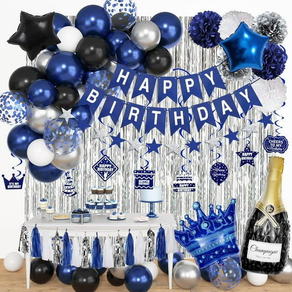 Blue Birthday Decorations for Men Boys, Blue Silver Party Decorations Fringe Curtains Happy Birthday Banner Hanging Cutouts Tassels Graduation Party Decors 13th 16th 18th 21st 30th 40th 50th 60th Him