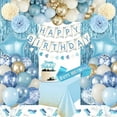 thumbnail image 1 of Blue Birthday Decorations, Party Decor with Dusty Baby Blue Gold Balloons Happy Birthday Banner Birthday Sash Tablecloth Fringe Curtain for Baby Boys Girl Men Women, 1 of 7