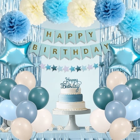 Blue Birthday Decorations for Women, Happy Birthday Party Decorations, Happy Birthday Banner, Baby Blue Balloons, Foil Fringe Curtains, Tissue Paper Pompoms, Star Garland, Party Decor for Girls