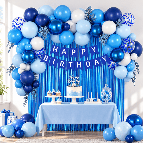 Blue Birthday Decorations for Women & Men, Metallic Pastel Navy Blue, White & Confetti Party Supplies for 1st, 15th, 16th, 18th, 21st & 25th Birthday