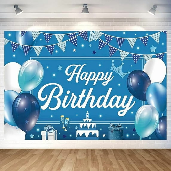 Blue Birthday Party Backdrop Blue Balloon Cake Happy Birthday Banner Photography Background for Home Decorations Party Supplies