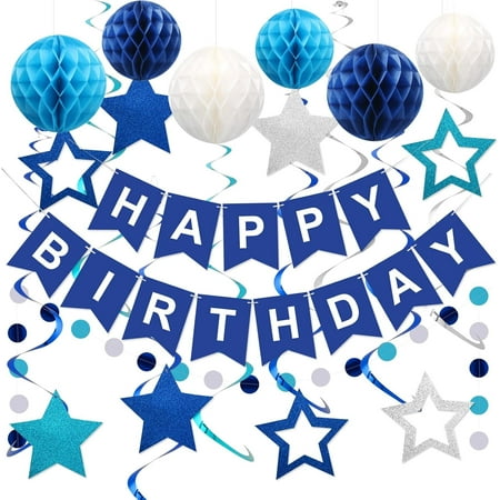 Blue Birthday Party Decorations for Men Women- Navy Blue Happy Birthday Banner with Honeycomb Balls, Star Hanging Swirl Streamer, Circle Dot Garland Decroations