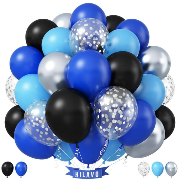 Blue Black Balloons 60 Pcs Royal KKS1Blue Black Silver Confetti Balloons 12 Inch Video Game Outer Space Balloon for Boys Men Boss Graduation Retirement Baby Shower Birthday Party Decorations