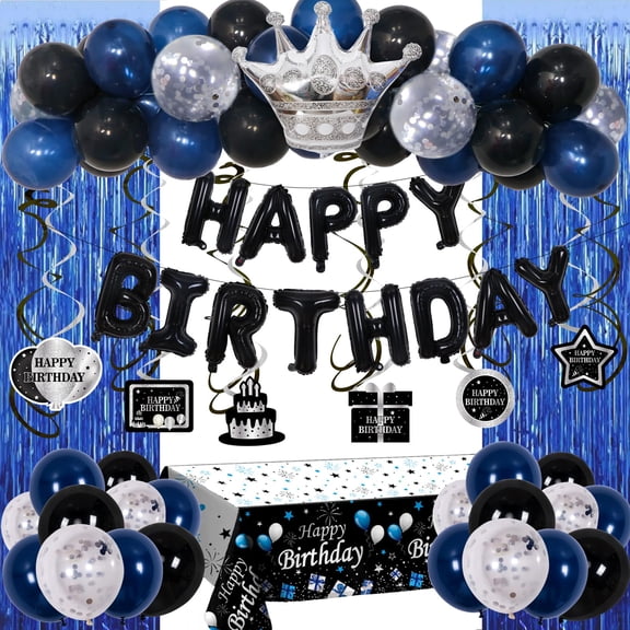 Blue and Black Birthday Decorations for Men Boys, Birthday Party Decorations for Women, HAPPY BIRTHDAY Banner Balloons Tablecloth Foil Fringe Curtains Hanging Swirls Bday Decor Supplies for Him Y114