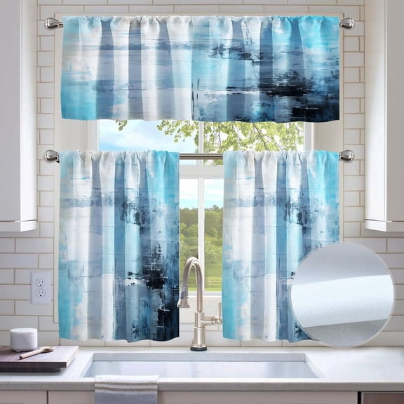 Blue Black Kitchen Window Tier Curtains and Valance Set, 36 Inch Abstract Art Window Curtains Set with Rod Pocket for Small Windows, Living Room or Bathroom