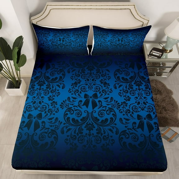 Blue Black Bow Knot Fitted Sheet Antique Victorian Damask Bed Sheets Twin,Bow Knot Sheets Vintage Floral Gothic Bed Set (No Top Sheet)
