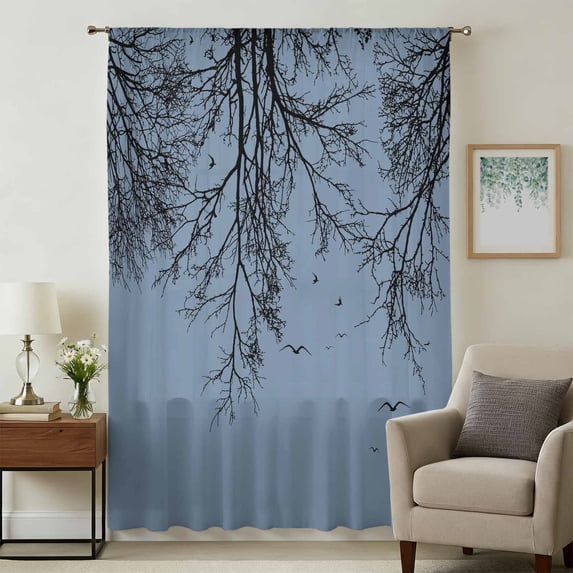 Blue Black Branches Sheer Curtains 72 Inches Long, Botanical Dead Tree Birds Light Filering Curtains, Breathable Simi Curtain Privacy Drapes for Living Room Bedroom Lightweight Window Treatment