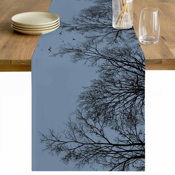 Blue Black Branches Table Runner - 36 Inch Long Botanical Dead Tree Birds Cotton and Linen Blended Dress Scarves Farmhouse Table Runner for Kitchen Dining, Coffee Table, 13" x 36"