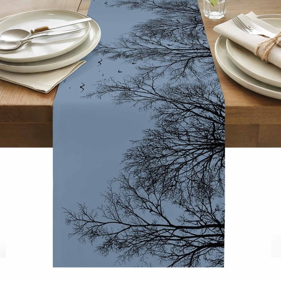 Blue Black Branches Table Runner Botanical Dead Tree Birds Tablerunners 13 x 36 Inch, Table Decorations Tabletop Scarf for Summer Gathering Holiday Farmhouse Kitchen Dining Decor