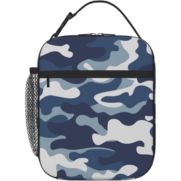 Blue Black Camouflage Lunch Bag for Women Men Reusable Insulated Lunch Box Portable Leakproof Thermal Lunch Tote Bags Lightweight Lunchbox with Side Pocket for Adult Office Work Picnic Hiking