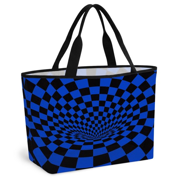 Blue Black Checkered Beach Bag for Women, Large Breathable Mesh Beach Tote Bag, Modern Abstract Art Sandproof Lightweight Travel Bags for Vacation Picnic Swimming Pool 15.7"x15.7"x9.1"