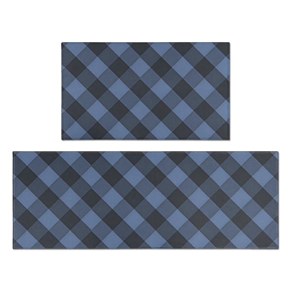 Blue and Black Checkered Pattern Anti Fatigue Kitchen Rugs Set Of 2, Non Slip Washable Decorative Floor Mats for Kitchen Sink Laundry, 17"x30" and 17"x47"