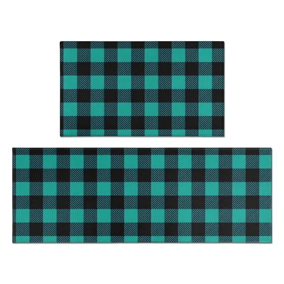 Blue and Black Checkered Pattern Anti Fatigue Kitchen Rugs Set Of 2, Non Slip Washable Decorative Floor Mats for Kitchen Sink Laundry, 17"x30" and 17"x47"