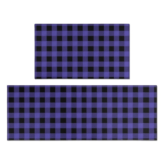 Blue and Black Checkered Pattern Anti Fatigue Kitchen Rugs Set Of 2, Non Slip Washable Decorative Floor Mats for Kitchen Sink Laundry, 17"x30" and 17"x47"
