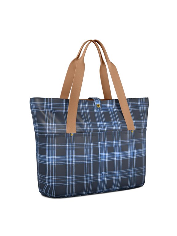 Blue and Black Checkered Pattern Large Tote Bag for Women, Polyester Roomy Carryall with Pockets and Zipper, Water Resistant Gifts Ideas for Work School Gym