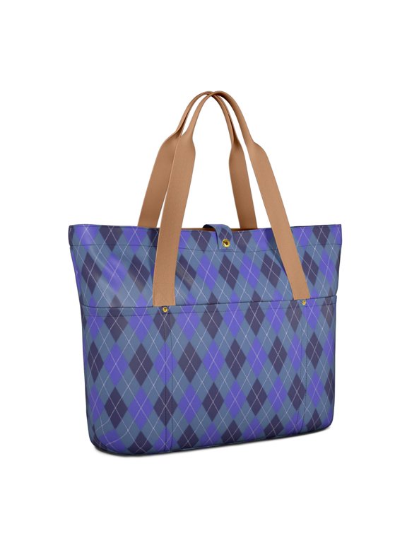 Blue and Black Checkered Pattern Large Tote Bag for Women, Polyester Roomy Shoulder Bag with Pockets and Zipper, Water Resistant Gifts Ideas for Women Men