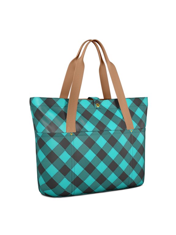 Blue and Black Checkered Pattern Large Tote Bag for Women, Polyester Roomy Travel Tote with Pockets and Zipper, Water Resistant Gifts Ideas for Mom Wife Friend