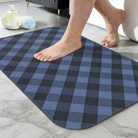 Blue and Black Checkered Pattern Non-Slip Bath Mat, Entryway Door Rug with Rubber Backing & Soft Surface, Water Absorbent Gifts for Bathroom Kitchen Entryway,20"x31.5"