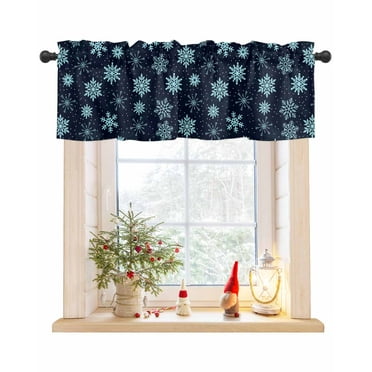 Blue Black Christmas Curtain Valance for Windows/Living Room/Kitchen/Bathroom/Café, Short Rod Pocket Tier Curtain Window Treatment Panel Xmas Snowflake Winter Topper Curtain 54''x18''